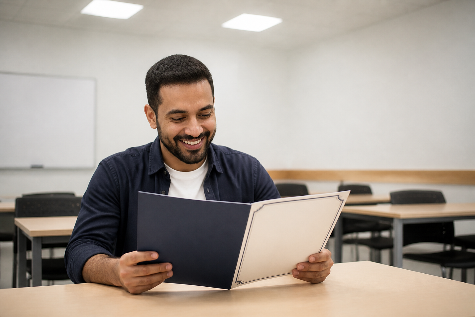 Learner reviewing a certificate folder at a desk