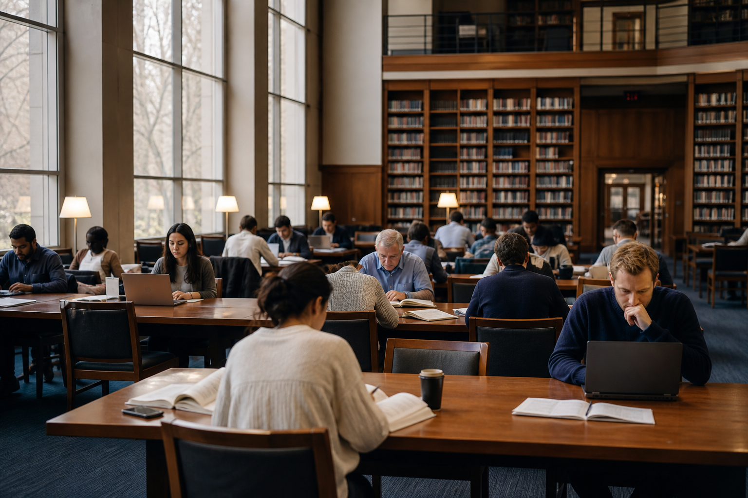 Scholars working at tables in a sunlit library reading room