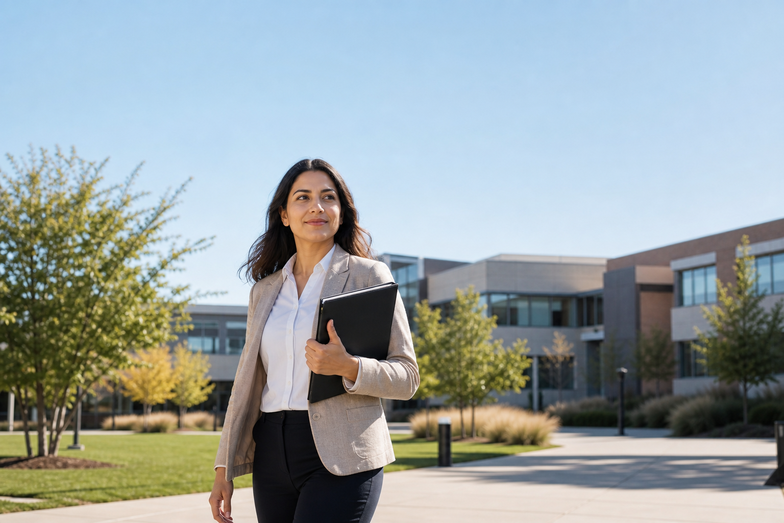 Scholar walking on campus with application documents