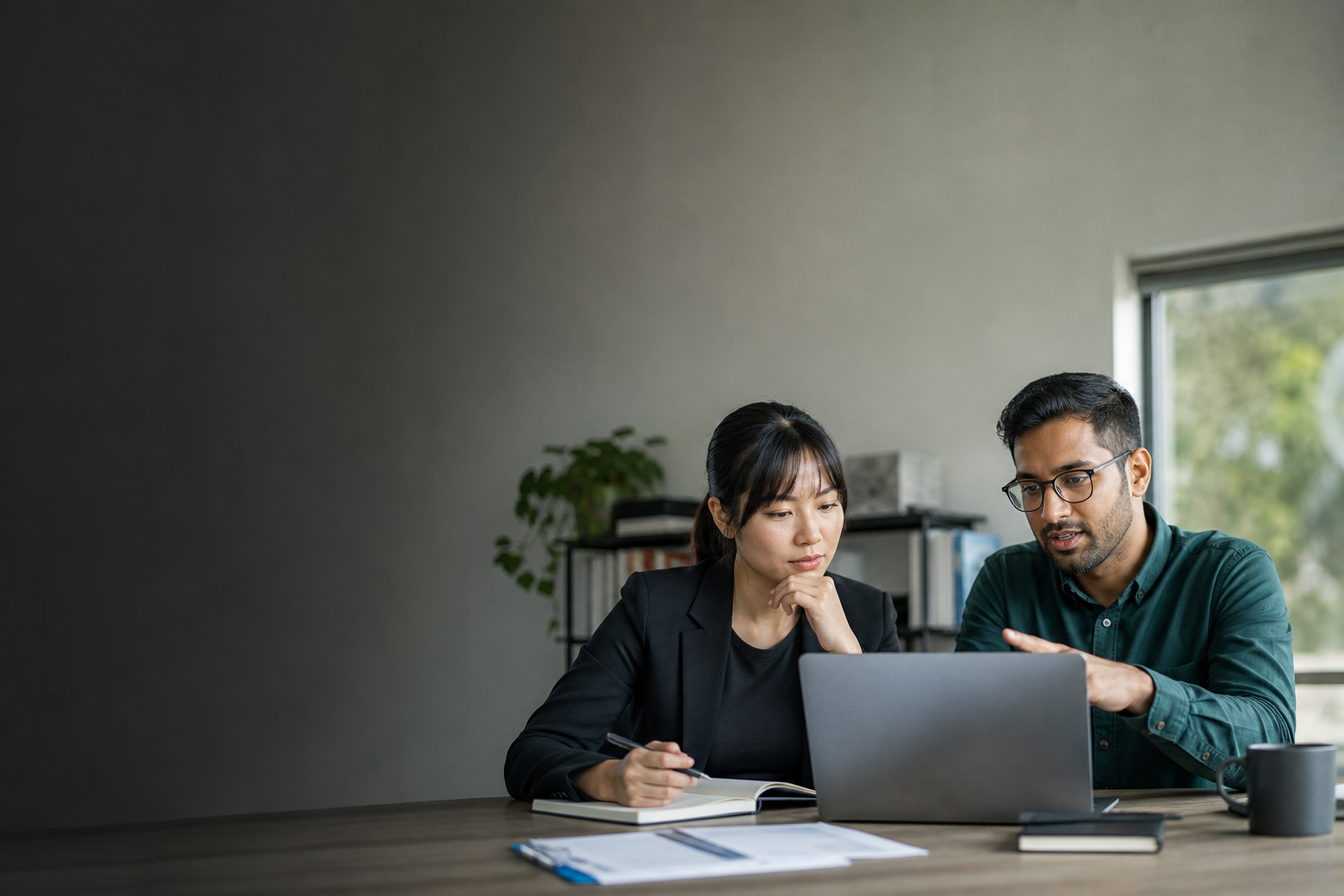 Researchers reviewing opportunity materials at a desk