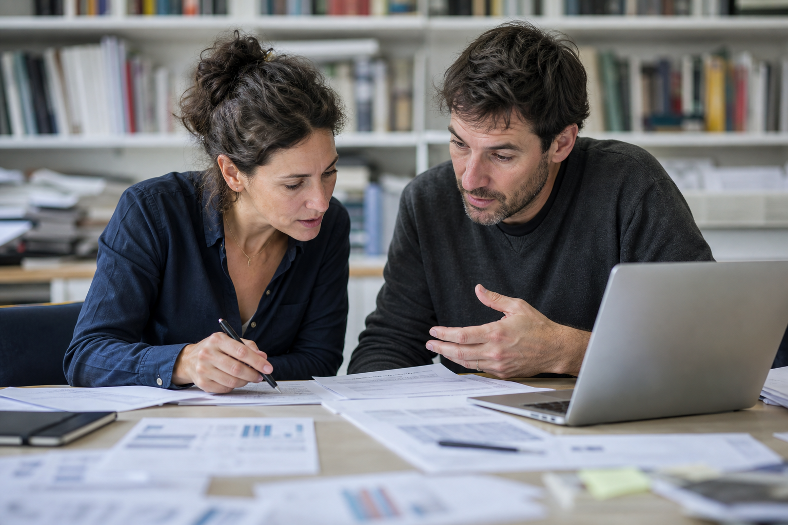 Researchers reviewing papers together